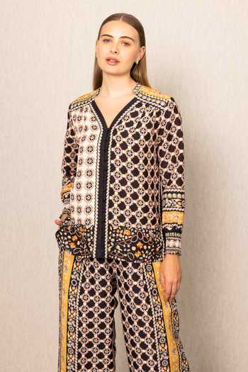 RANNA GILL Brown Viscose, Linen Embroidery V-neck Orla Designer Printed Shirt Online at Aza Fashions RANNA GILL_Brown Viscose, Linen Embroidery V-neck Orla Designer Printed Shirt_Online_at_Aza_Fashions