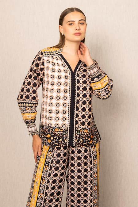 RANNA GILL Brown Viscose, Linen Embroidery V-neck Orla Designer Printed Shirt 