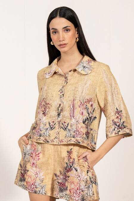 Shop_RANNA GILL_Gold Linen Collared Petra Cropped Shirt_Online_at_Aza_Fashions