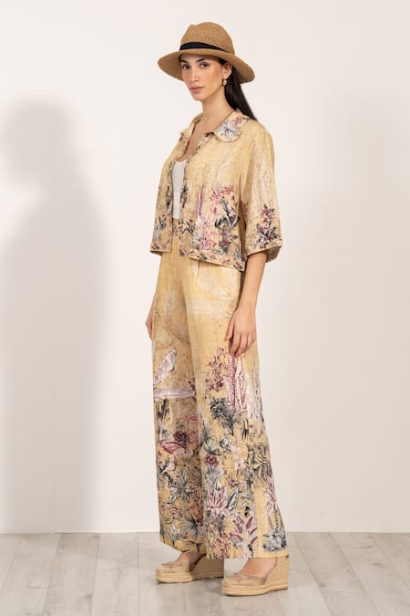 RANNA GILL Gold Linen Fioria Wide Leg Pants 