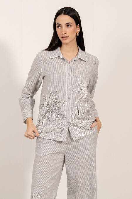 RANNA GILL Gray Linen Embroidery Collared Elvira Buttondown Shirt Online at Aza Fashions RANNA GILL_Gray Linen Embroidery Collared Elvira Buttondown Shirt_Online_at_Aza_Fashions