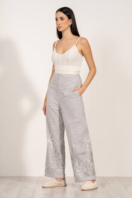 Buy RANNA GILL Gray Linen Embroidery Collared Elvira Buttondown Shirt Online at Aza Fashions Buy_RANNA GILL_Gray Linen Embroidery Collared Elvira Buttondown Shirt_Online_at_Aza_Fashions