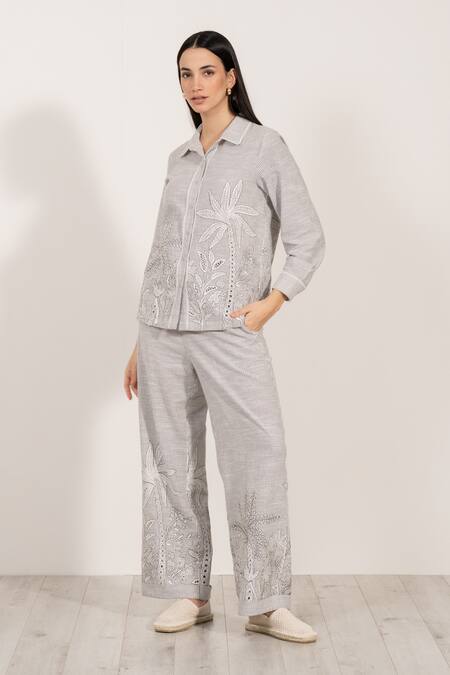 RANNA GILL Gray Linen Embroidery Collared Elvira Buttondown Shirt at Aza Fashions RANNA GILL_Gray Linen Embroidery Collared Elvira Buttondown Shirt_at_Aza_Fashions