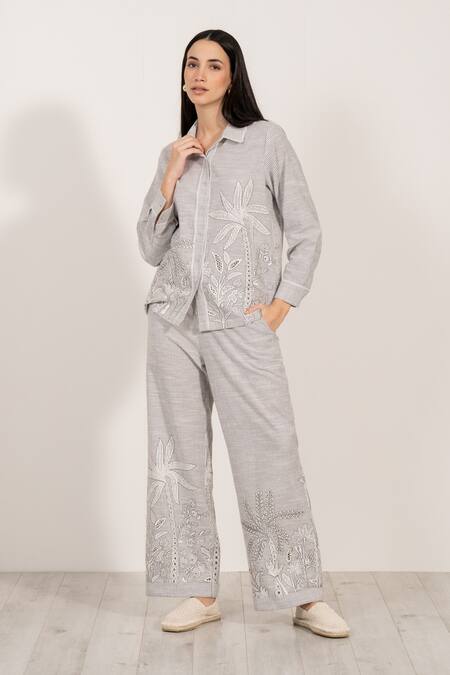 RANNA GILL Gray Linen Embroidery Collared Elvira Buttondown Shirt