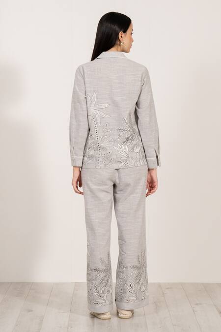 Shop RANNA GILL Gray Linen Embroidery Collared Elvira Buttondown Shirt at Aza Fashions Shop_RANNA GILL_Gray Linen Embroidery Collared Elvira Buttondown Shirt_at_Aza_Fashions