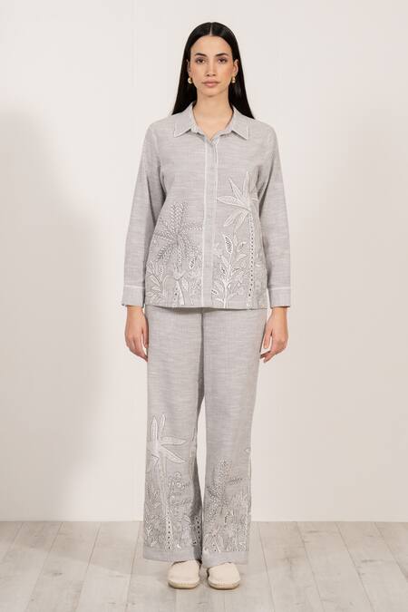 Buy RANNA GILL Gray Linen Embroidery Collared Elvira Buttondown Shirt Buy_RANNA GILL_Gray Linen Embroidery Collared Elvira Buttondown Shirt