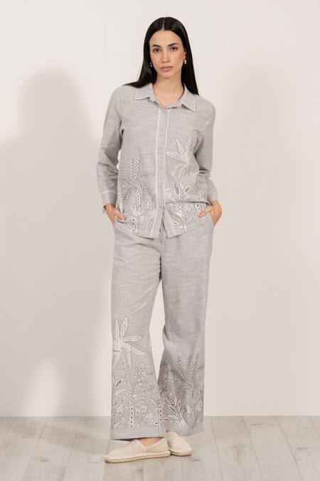 Shop RANNA GILL Gray Linen Embroidery Collared Elvira Buttondown Shirt Shop_RANNA GILL_Gray Linen Embroidery Collared Elvira Buttondown Shirt