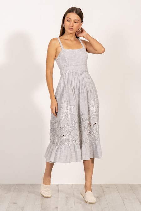 RANNA GILL Gray Linen Embroidery Square Neck Athea Braided Midi Dress 
