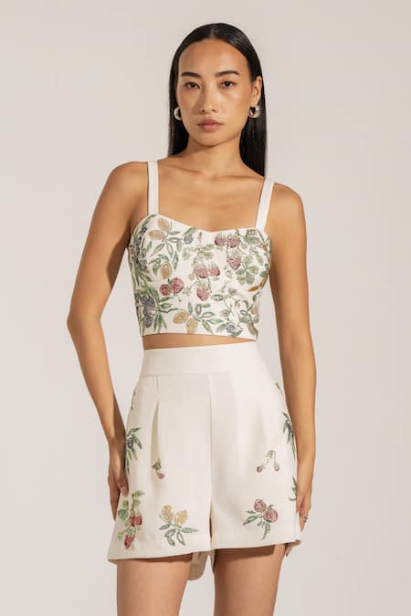 RANNA GILL Ivory Crepe Rhinestones Embroidered Designer Mary Shorts 