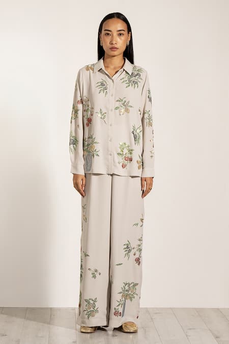 RANNA GILL Gray Georgette Embroidery, Sequins Collared Blossom Co-ord Set 