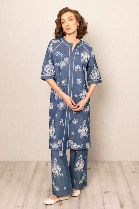 RANNA GILL Blue Cotton, Denim Embroidery Collared Inara Tunic 