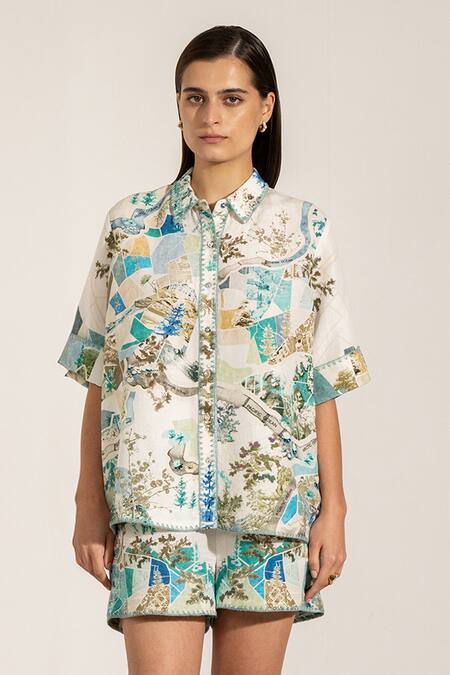 RANNA GILL_Multi Color Viscose, Linen Collared Teal Globe Printed Buttondown Shirt_Online_at_Aza_Fashions