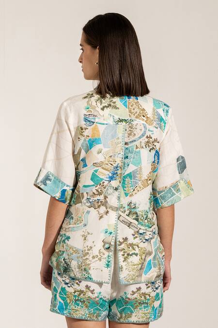 Buy_RANNA GILL_Multi Color Viscose, Linen Collared Teal Globe Printed Buttondown Shirt_Online_at_Aza_Fashions
