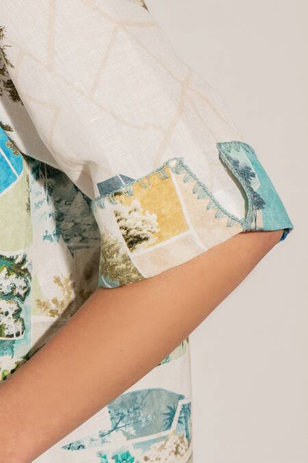 Shop_RANNA GILL_Multi Color Viscose, Linen Collared Teal Globe Printed Buttondown Shirt_Online_at_Aza_Fashions