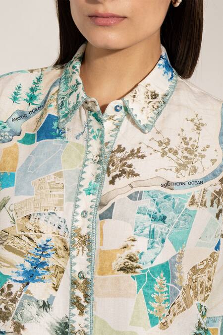 RANNA GILL_Multi Color Viscose, Linen Collared Teal Globe Printed Buttondown Shirt_at_Aza_Fashions
