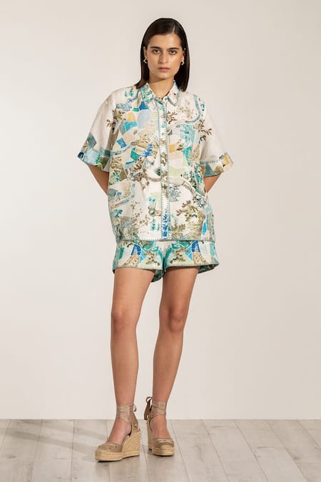 RANNA GILL Multi Color Viscose, Linen Collared Teal Globe Printed Buttondown Shirt 