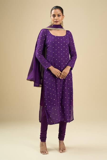 Buy_Naintara Bajaj_Purple Georgette, Cotton Embroidery Scoop Neck Stripe Gown Suit Set 