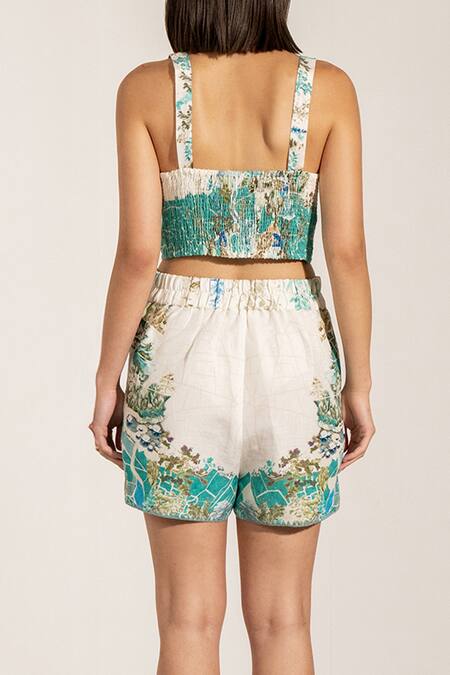RANNA GILL_Teal Viscose, Linen Globe Printed Pisa Shorts_Online_at_Aza_Fashions