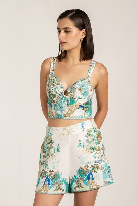 Shop_RANNA GILL_Teal Viscose, Linen Globe Printed Pisa Shorts_Online_at_Aza_Fashions