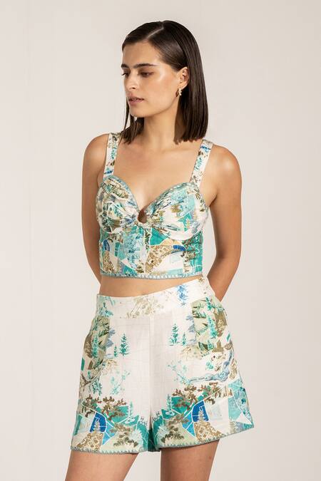 RANNA GILL_Teal Viscose, Linen Sweetheart Neck Globe Printed Bustier_Online_at_Aza_Fashions