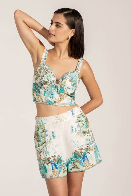 RANNA GILL Teal Viscose, Linen Sweetheart Neck Globe Printed Bustier 
