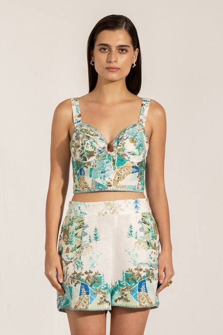 Shop_RANNA GILL_Teal Viscose, Linen Sweetheart Neck Globe Printed Bustier_Online_at_Aza_Fashions