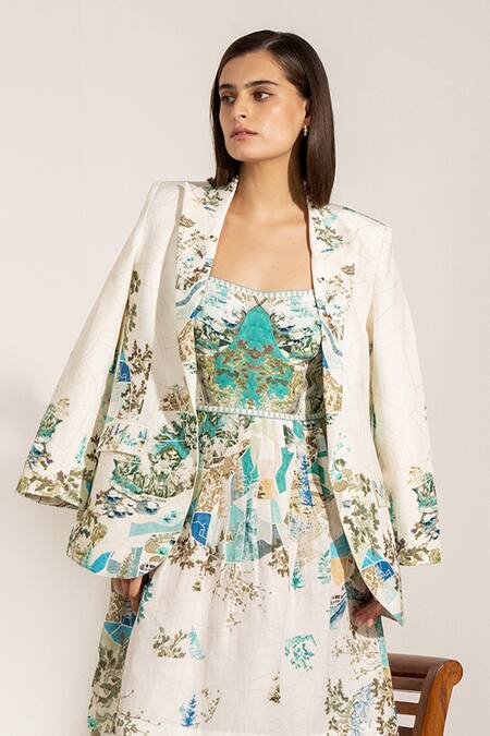 Buy_RANNA GILL_Teal Viscose, Linen Open Neck Globe Printed Rex Knotch Collar Jacket_Online_at_Aza_Fashions