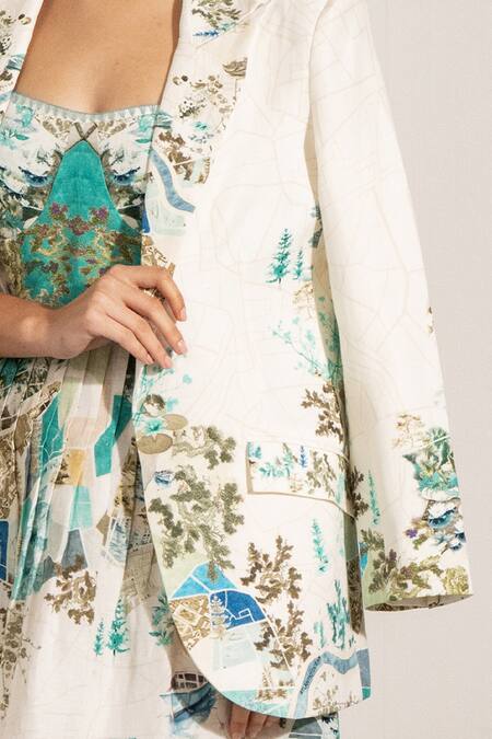 Shop_RANNA GILL_Teal Viscose, Linen Open Neck Globe Printed Rex Knotch Collar Jacket_Online_at_Aza_Fashions