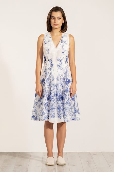 RANNA GILL Blue Organza V-neck Serena Pintuck Midi Dress 