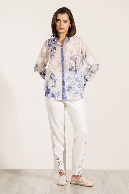 RANNA GILL Blue Organza Embroidery Button-down Neck Luma Shirt 