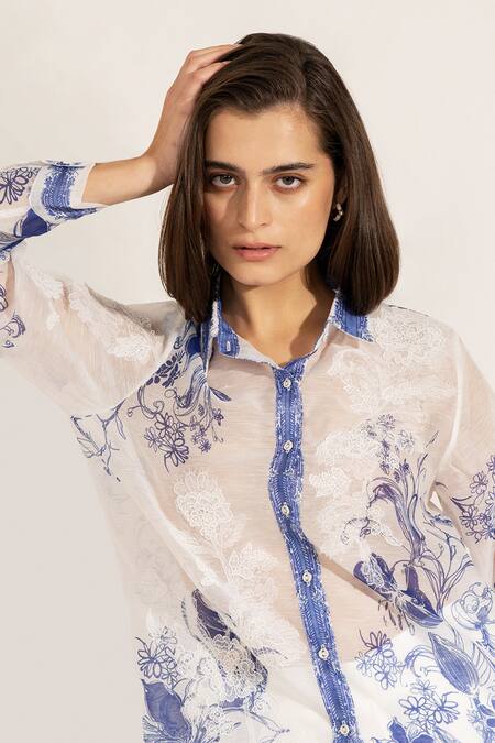RANNA GILL_Blue Organza Embroidery Button-down Neck Luma Shirt_Online_at_Aza_Fashions