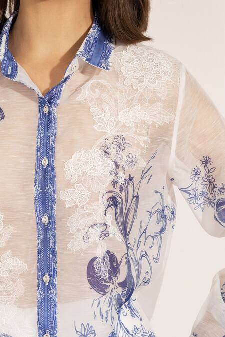 Buy_RANNA GILL_Blue Organza Embroidery Button-down Neck Luma Shirt_Online_at_Aza_Fashions