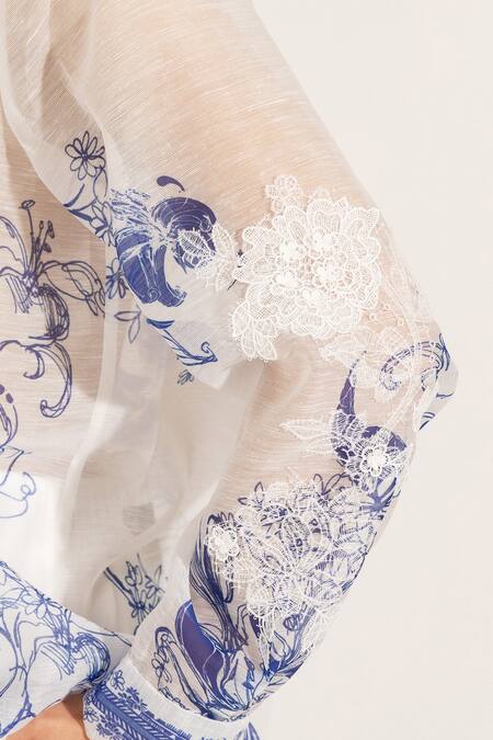 Shop_RANNA GILL_Blue Organza Embroidery Button-down Neck Luma Shirt_Online_at_Aza_Fashions