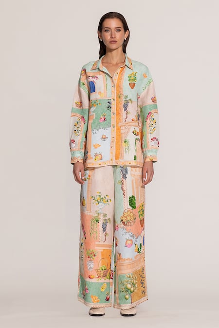 RANNA GILL Multi Color Linen, Viscose Collared, Button-down Neck Elysia Shirt 