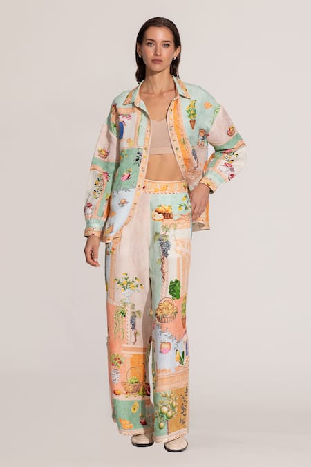 RANNA GILL Multi Color Linen, Viscose Masha Wide Leg Pants 
