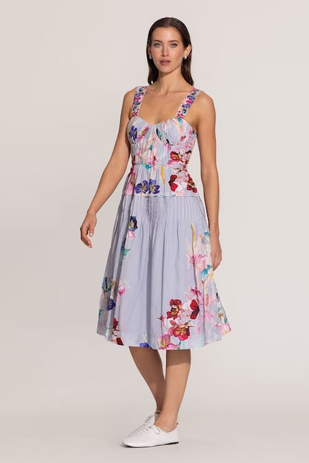 RANNA GILL Multi Color Cotton Sweetheart Neck Anara Ruched Midi Dress 
