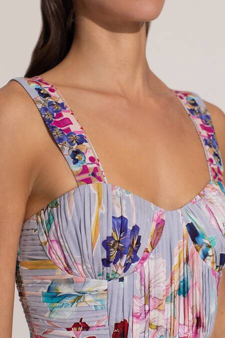 RANNA GILL_Multi Color Cotton Sweetheart Neck Anara Ruched Midi Dress_at_Aza_Fashions