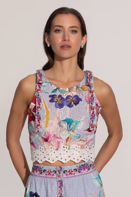 Buy_RANNA GILL_Multi Color Cotton Embroidery, Cut Work Halter Neck Crop Top And Skirt Set_Online_at_Aza_Fashions