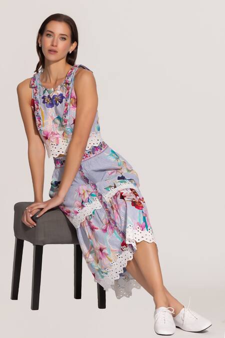 Shop_RANNA GILL_Multi Color Cotton Embroidery, Cut Work Halter Neck Crop Top And Skirt Set_Online_at_Aza_Fashions