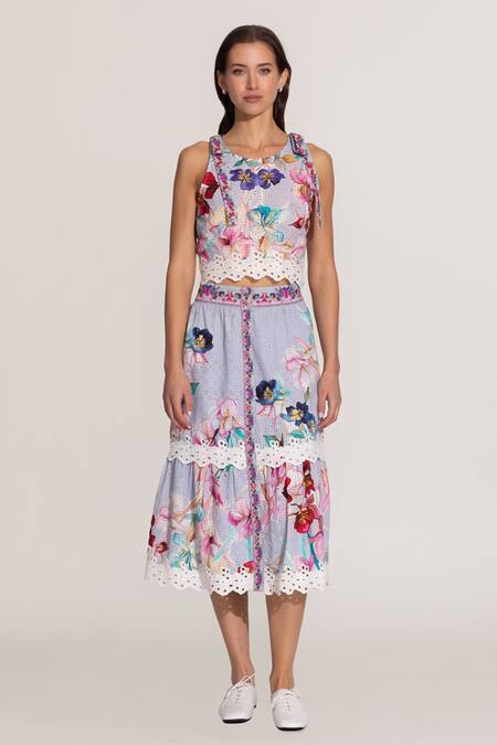 RANNA GILL_Multi Color Cotton Embroidery, Cut Work Halter Neck Crop Top And Skirt Set_at_Aza_Fashions