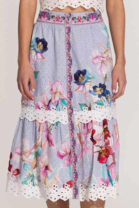Buy_RANNA GILL_Multi Color Cotton Embroidery, Cut Work Halter Neck Crop Top And Skirt Set