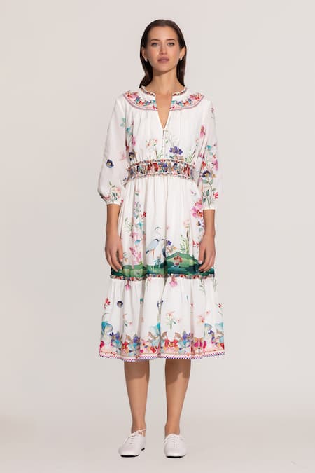 RANNA GILL White Cotton Embroidery Split V-neck Ivy Tier Midi Dress 