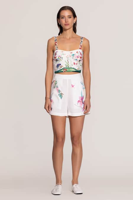 RANNA GILL Ivory Linen, Viscose Embroidery Floral Shorts 