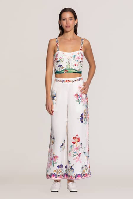 RANNA GILL Ivory Cotton Embroidery Square Neck Floral Print Layla Bustier 