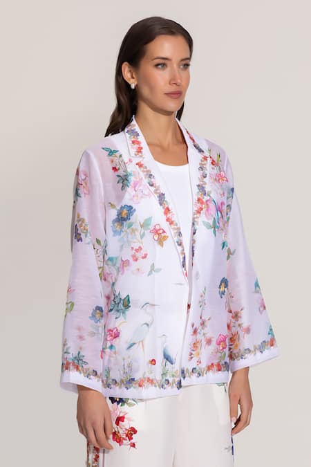 RANNA GILL Ivory Linen Embroidery Collared Floral Print Eva Jacket 
