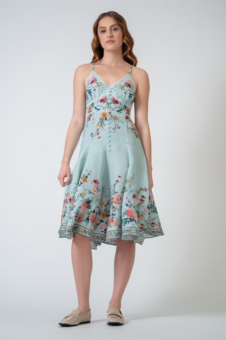 RANNA GILL Multi Color Embroidery V-neck Roselle Strap Midi Dress 