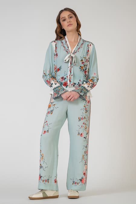 RANNA GILL Multi Color Chiffon Embroidery Open Neck Floral Print Tie Blouse 