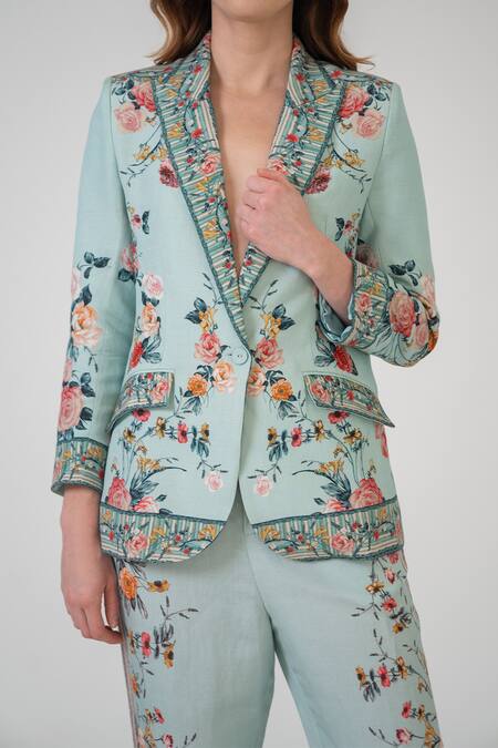 Buy_RANNA GILL_Multi Color Embroidery V-neck Lorina Knotch Collar Jacket_Online_at_Aza_Fashions