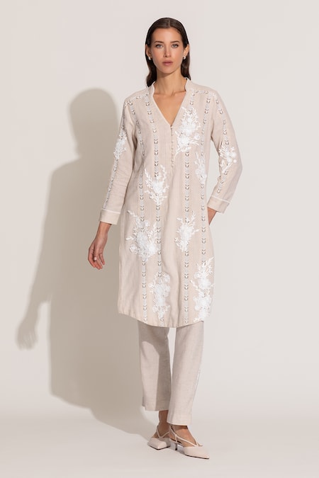 RANNA GILL Beige Linen Embroidery Split V-neck Stripe Kurta Pant Set 