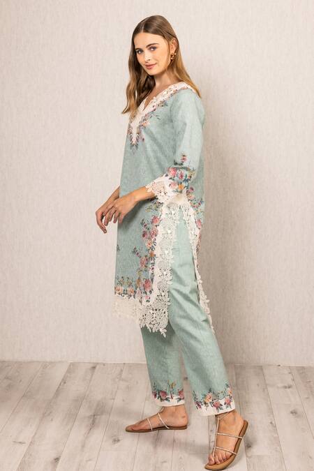 Shop_RANNA GILL_Cobalt Polyester Lace V-neck Roselyn Tunic Set_Online_at_Aza_Fashions
